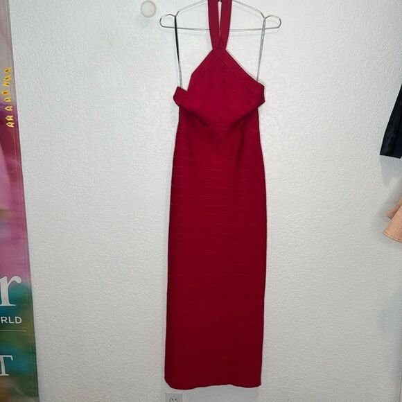 NWT Herve Leger ICON BANDAGE HALTER GOWN Large Rio Red - Picture 2 of 16